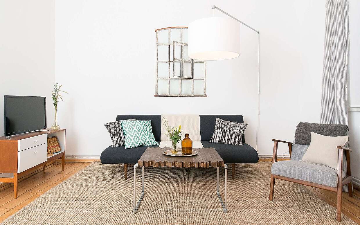 Wohnzimmer einer Ferienwohnung auf dem Gut Boltenhof