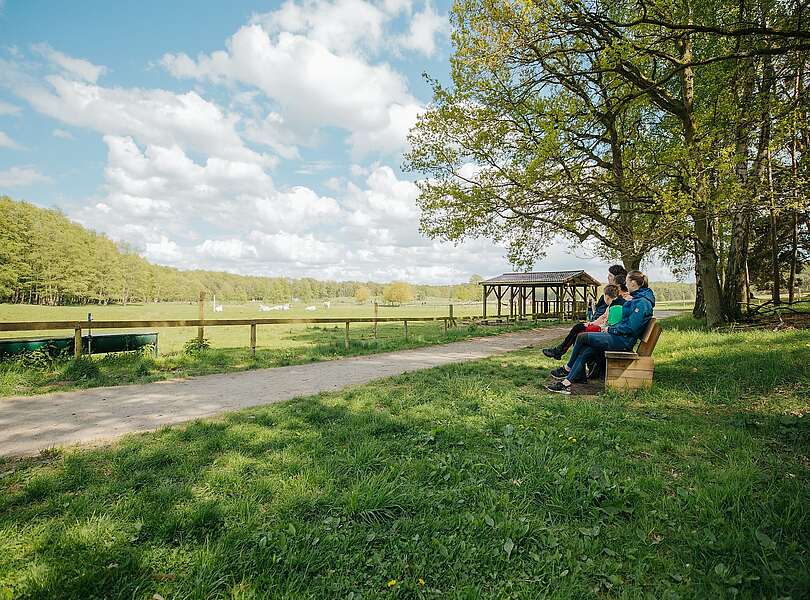 Familie auf einer Bank im Wildpark Schorfheide