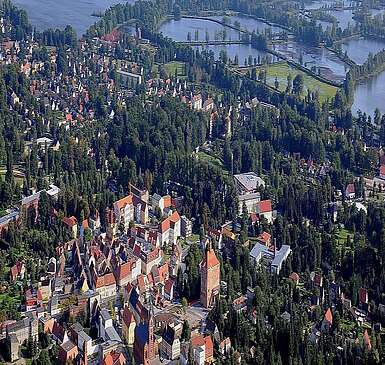 Blick über Peitz, Luftbild mit Teichen