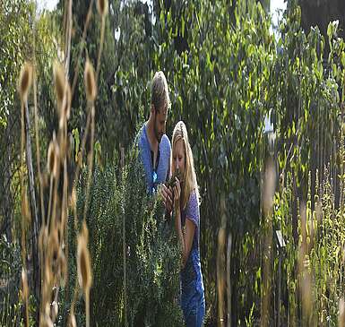Besucher im Sinnesgarten des NaturParkHauses Stechlin