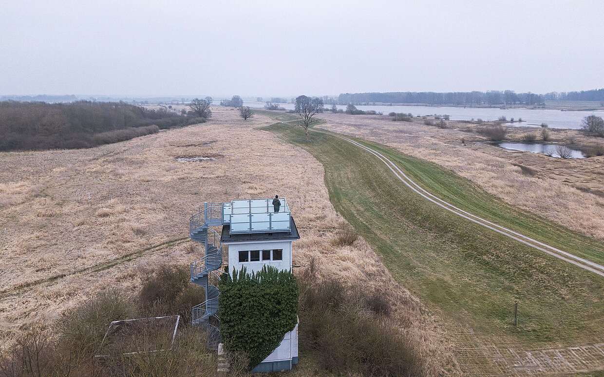 Grenzturm an der Flusslandschaft Elbe im Winter