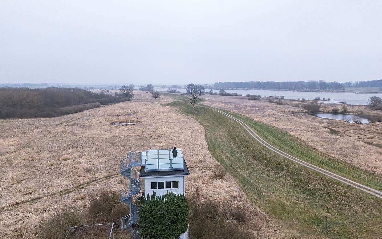 Grenzturm an der Flusslandschaft Elbe im Winter